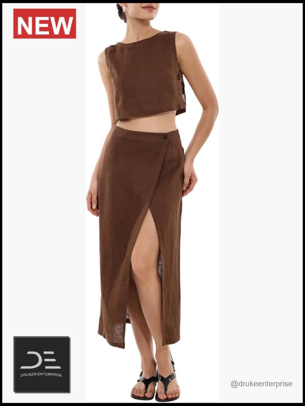 Linen Two Piece Skirt Set - High Slit Midi Skirt & Crop Top